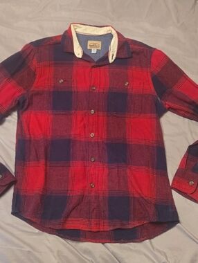 Men's Red and Navy Plaid Casual Button-Down Shirt